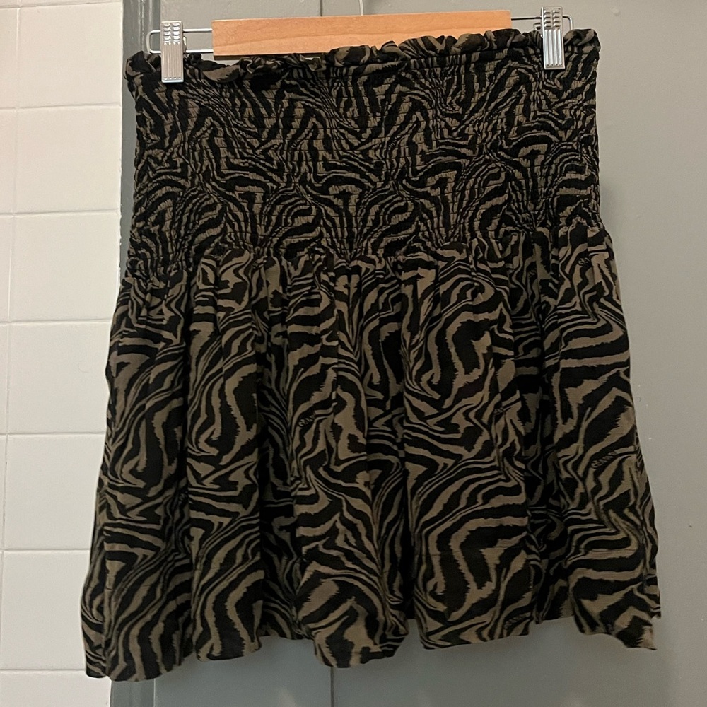Ganni Khaki Green and Black Print Ruched Mini Skirt